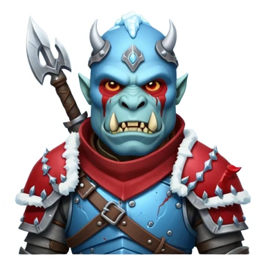 Fantasy Christmas orc legion soldier icon, iron tundra army theme, heavy winter armor, disciplined brutal look, cold steel armor cracked with frozen crimson lines, bloodfrost effect, icy blue and dark red color palette, minimal clean emoji style sticker