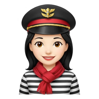 marinera de pelo negro piel blanca con camisa a rayas blanco y negro y pañuelo rojo y gorra de capitana y sonrisa de china sticker