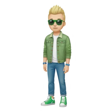 Парень 35 лет, блондин с легким ирокесом, в зеленых высоких кедах, синих джинсах, солнцезащитных очках, белой футболке и зеленой джинсовой куртке. Очень крутой sticker