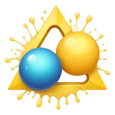two balls touching each other with a thin triangle coming out from the top, and a yellow splash coming from the triangle sticker
