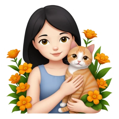 A black-haired girl happily holds a Ginger British Shorthair Cat in the flowers sticker