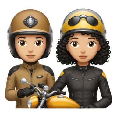 A man motorcyclist and a shorter girl with curly black hair, facing each other. sticker