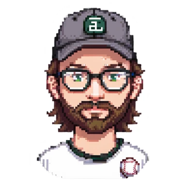 adventurer with small beard, glasses and backwards baseball cap sticker
