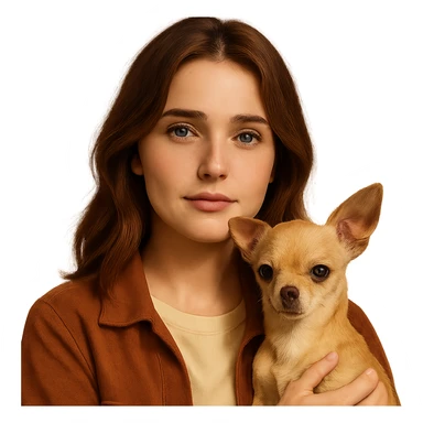Portrait centered for Instagram profile picture, inspired by the facial features visible in the reference images, with tanned skin and subtle freckles, wearing a shirt color #FFF8CA and a rust-colored jacket, medium-length brown hair with auburn highlights, shy and endearing expression, holding a beige-brown chihuahua, Netflix series style, transparent background, intimate Tenerife ambiance. sticker