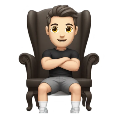 Pale skinned Fit Man With the biceps and dark brown hair in black shirt, gray sports shorts and white Sneakers Sitting on a chair sticker