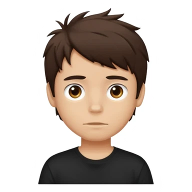 a light tan boy with messy dark brown hair. Wearing a black tshirt sticker