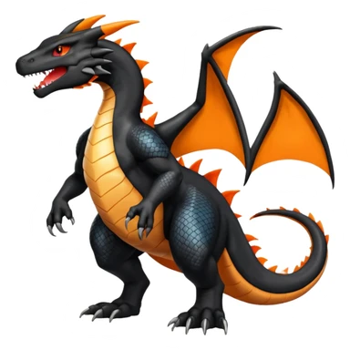 Shiny Black Koraidon-Charizard-Salandit-Fakémon-hybrid-creature (full body) with orange belly sticker