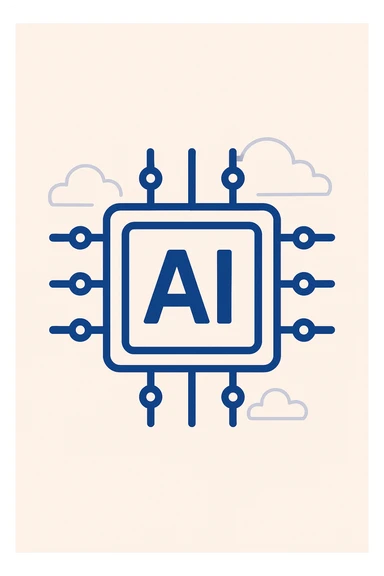 geometric AI chip icon, simple flat design, blue and white colors sticker