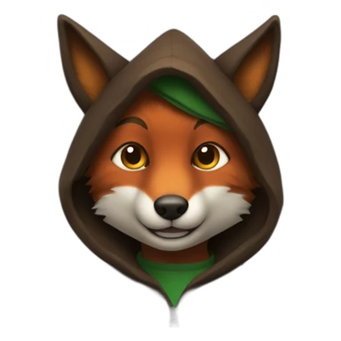 a small dark brown fox with orange eyes with a dark green hood that smile sticker