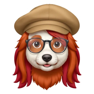white dog with very red long hair and glassess and hat sticker