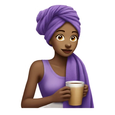 beautiful girl with a purple towel on her head drinks coffee sticker