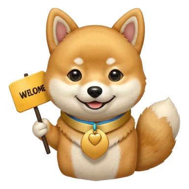 shiba holds welcome sign bigger then himself sticker