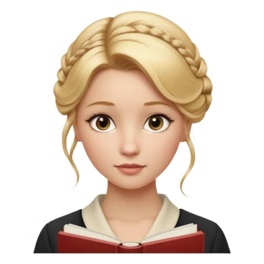 Cinematic Realistic Journal Portrait, depicted with lifelike skin texture, subtle rosy undertones, and soft natural lighting that enhances the gentle contours of her face. Her intricately detailed golden blonde hair is elegantly styled in an updo, sticker
