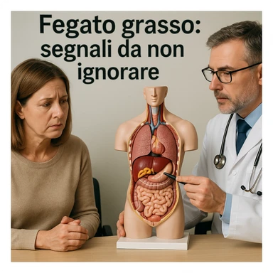 symbolic scene of a person sitting in a clinic, doctor pointing to liver area on anatomical model with yellow areas, Italian text 'Fegato grasso: segnali da non ignorare', 4K quality sticker