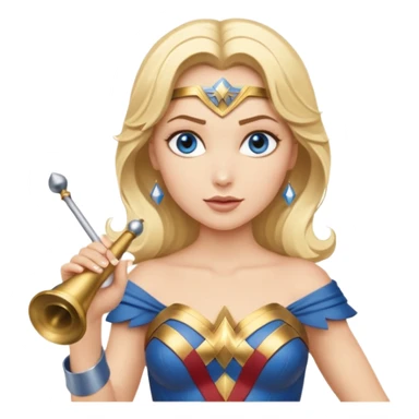 Blonde blue eyed Wonder Woman holding white orchestra conductor’s baton and bell  sticker