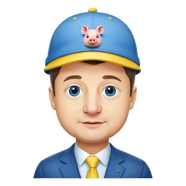 President Zelensky's head on a pig body wearing a yellow and blue hat sticker