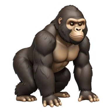 cinematic-gorilla-realistic-full-body-on-all-fours-emoji,-exuding-strength,-thick-dark-fur-in-the-light,-head-tilted-dramatically,-deep-friendly-eyes-filled-with-intense-intelligence,-simplified-yet-realistic-focused-features,-highly-detailed, zoomed out friendly  sticker