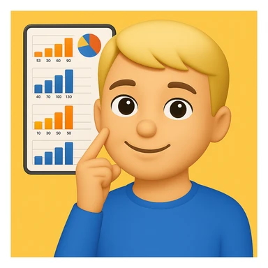Person thinking with graphs in the background, apple emoji style, smiling with a closed mouth (no teeth), with a yellow background. The style should resemble apple emojis with concise details. sticker