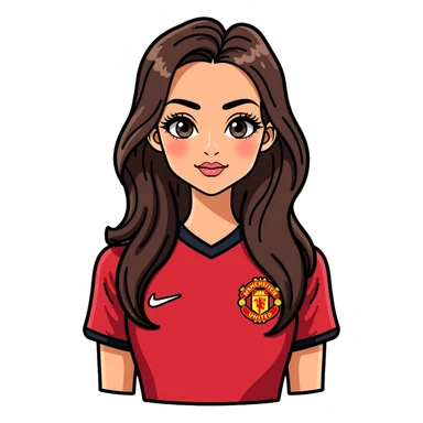 Cute girl with long straight brown hair, brown eyes with mascara, makeup, wearing a Manchester United red football kit sticker