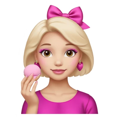 female face, light skin tone, small simple closed smile. One hand visible holding a round fluffy pink makeup powder puff pressed to the cheek; the puff has a small satin bow. sticker