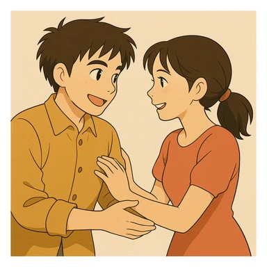 Change the scene so the woman and man are in love, smiling at each other, affectionate body language sticker