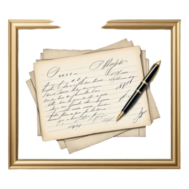 Icon for Autograph Collecting: several vintage sheets in frames with famous celebrity signatures on them, with a classic fountain pen nearby. The icon should evoke the elegance and rarity of collecting autographs. Transparent background. sticker