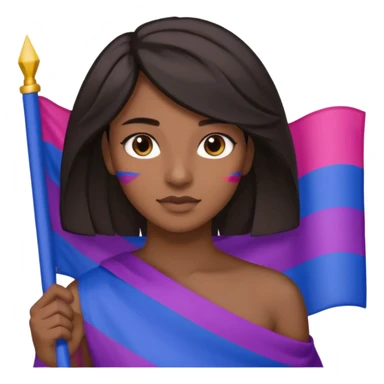 eu com a bandeira bissexual, sou parda, com cabelos negros que vão até a altura dos ombros levemente ondulados, olhos castanhos, sticker
