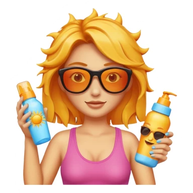 female with suncream bottle and sunglasses, with sun burned sticker