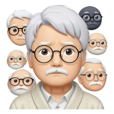 ​Cinematic Realistic Portrait of Hayao Miyazaki, depicted with striking white hair, defined black eyebrows, and large rectangular glasses, his thoughtful expression rendered in lifelike detail against a background of whimsical Studio Ghibli-inspired sketches, illuminated with soft, realistic lighting that emphasizes his creative genius, sticker