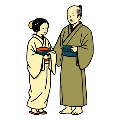 illustration of father celebrating the singing of divorce papers next to grieving wife Japanese art influence sticker