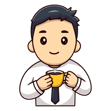 Tired Korean male office worker with coffee sticker