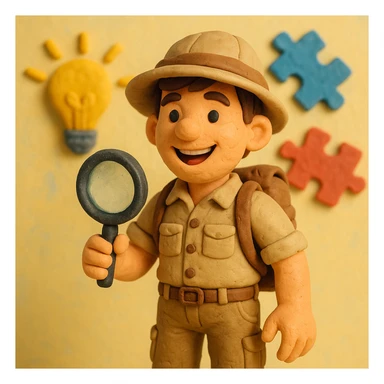 Create a realistic emoji character named Master Hunt. He is a young adult with short brown hair, wearing a casual explorer outfit that includes a button-up shirt and cargo pants. He has a backpack and a safari hat. In one hand, he holds a magnifying glass, and he has an enthusiastic smile on his face. The background should be light and vibrant, incorporating elements like light bulbs and puzzle pieces to symbolize creativity and a positive work culture. sticker