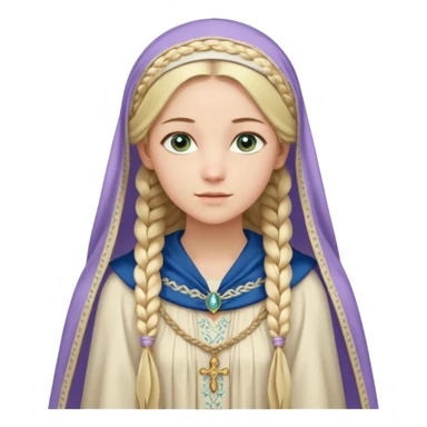 Joven de unos 30 años, de aspecto dulce y elegante.
Piel clara, ojos (pueden ser azules o verdes)
Rubio o castaño claro, largo, con trenzas o velo.
Vestido largo de tonos suaves (blanco, azul o lavanda), con bordados dorados; un manto o toca fina cubriendo la cabeza. Haz todo el cuerpo sticker