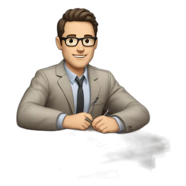 Pale skinned Fit Man With dark brown hair in gray jacket, beige office shirt and vintage glasses sitting In a soft chair with a notebook with emblem Ψ and a pen in his hands sticker