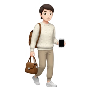 걷고 있는 사람
옷은 겨울에 어울리는 니트와 하의를 입었고 숄더백을 매었다.
머리카락 색깔은 어두운 갈색, 풀은 긴머리를 하고 있다 
귀에는 애플의 에어팟이 착용되어 있다 sticker