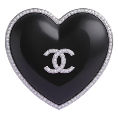 Remove the pearls, keep only the glossy black heart with a diamond accent and silver Chanel logo, elegant, black and white color scheme, keep the background transparent. sticker