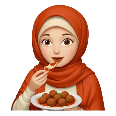 woman wearing a cream colored pashmina hijab eating meatballs sticker