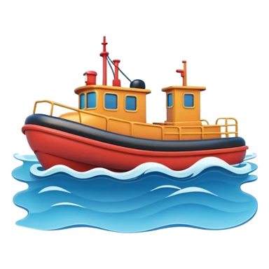 A 3D cartoon tugboat towing another boat on calm blue water, soft waves, clear sky, Memoji-style. sticker