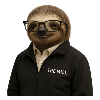 a sloth with glasses, wearing a black 'The Mill' branded jacket, exuding technical expertise and business acumen sticker