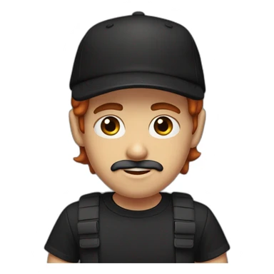 red head boy with mustache, wearing a backwards cap, bron eyes arab eyebrows and black tshirt sticker