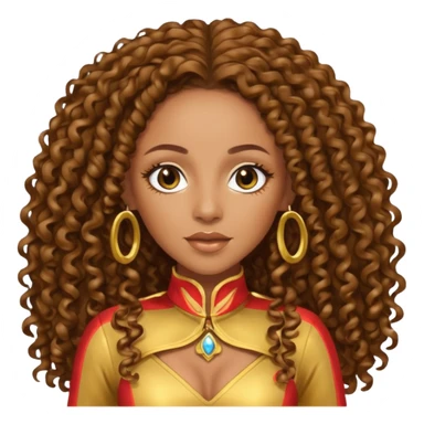 Melanie Brown with brown long curly hair, gold outfit sticker