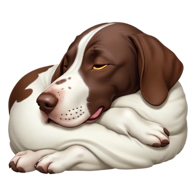 Cinematic Meme-Worthy Chubby Sleeping German Pointer Portrait Emoji, Head resting peacefully with a contented smile, showcasing a delightfully chubby build and a luxuriously soft liver and white coat, eyes shut in a serene nap, Simplified yet hilariously adorable features, highly detailed, glowing with a soft, drowsy light, high shine, relaxed and utterly lovable, stylized with an air of playful laziness, bright and heartwarming, soft glowing outline, capturing the essence of a comically sleepy hunter, so meme-worthy it feels like it could instantly become the next viral sensation of adorable slumber! sticker
