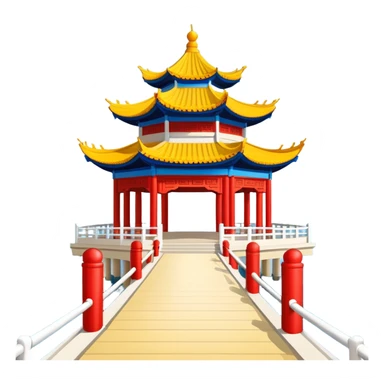 Qingdao Zhanqiao Pier with pavilion over sea, simplified emoji style with bold outlines and bright colors, cartoon style traditional Chinese pavilion on pier sticker