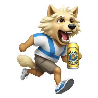 Wolf animal with a blonde wig in sneakers holding a beer running  sticker