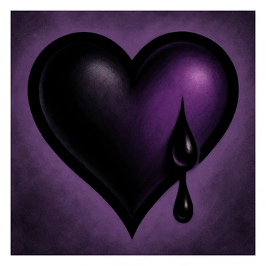 emo heart with black outline, purple and black gradient fill, teardrop detail, dramatic shadows sticker