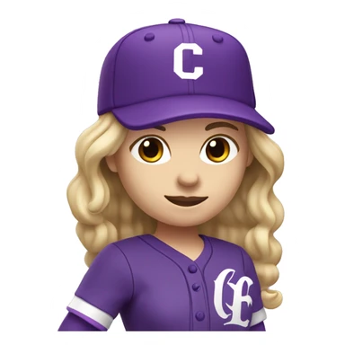 baseball card character. Blonde female long shoulder length hair. letter C logo. Purple and white uniform. sticker