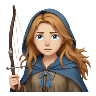 A young human woman with long, unkempt golden-brown hair, piercing blue-gray eyes filled with quiet determination. Dressed in a worn tunic and a tattered cloak, her calloused hands grip a bow, a hunter surviving against the odds. sticker