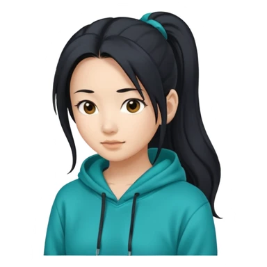 generate an asian female with long black hair in a ponytail and a teal hoodie sticker