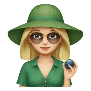 
blonde girl in dark green beach big hat adjusting sunglasses sticker