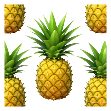 Cinematic Realistic Pineapple Emoji, Tropical and vibrant, with a golden-yellow textured skin and a crown of spiky green leaves on top. The body of the fruit is sharply geometric, its surface rich with natural patterns. Soft glowing outline, capturing the essence of exotic sweetness and tropical flair in a fresh pineapple! sticker